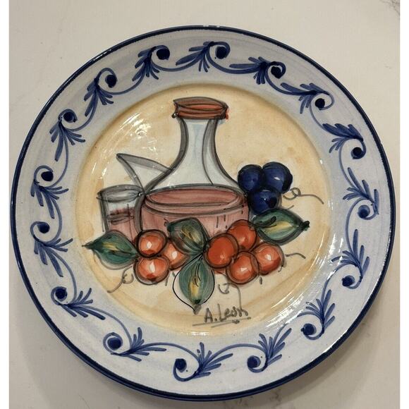 Blue & White wall Fruit Wine Plates‎ 8” Chinoiserie Kitchen Hand painted Signed - Picture 4 of 9